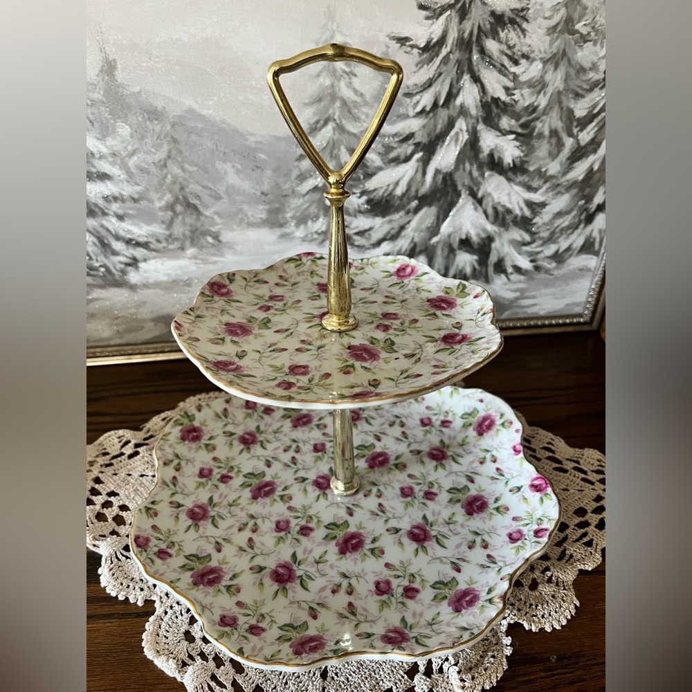 Vintage Lefton China Rose Chintz 2 Tier Dessert Stand Gold Trim Tea Party